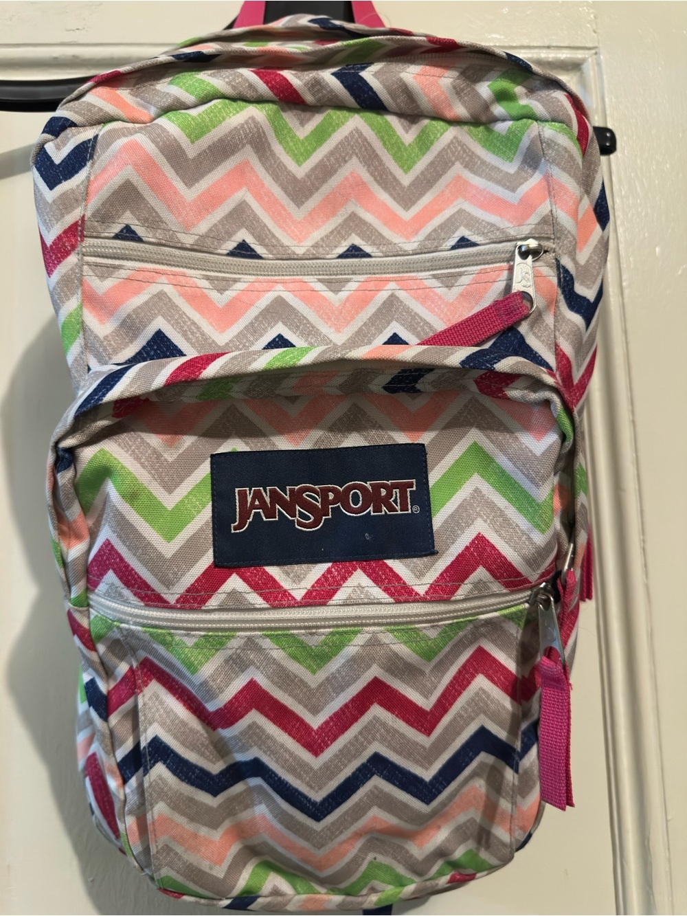 Jansport Chevron Canvas Backpack in Pink, Green & Navy. 23.5” H x 18”W.